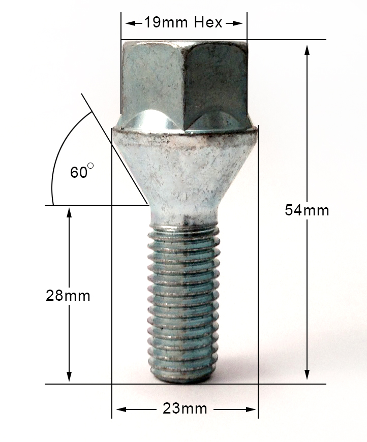 20 x Alloy wheel bolts. M12x1.75, Taper Seat, 28mm Thread length, 19mm Hex