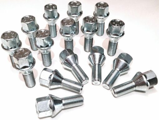 Set of 16 17mm hex, taper seat, 27mm thread, M12x1.5 alloy wheel bolts