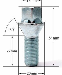 specs 17mm Hex, taper seat, M14x1.25 thread, 27mm length alloy wheel bolt