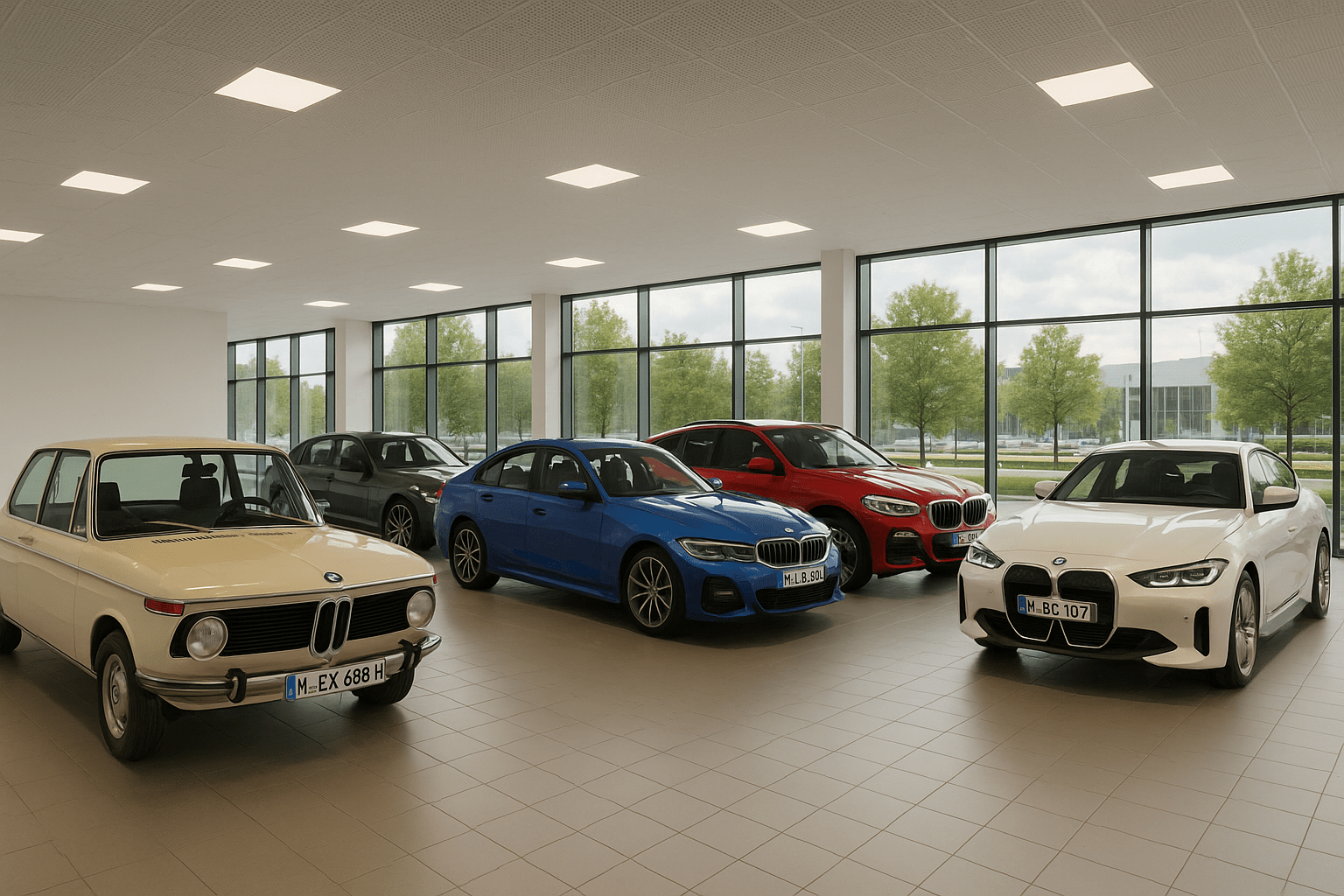 A BMW car showroom with a range of models from vintage to new
