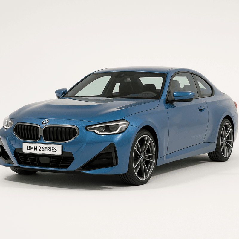 A BMW 2 series, blue on white background