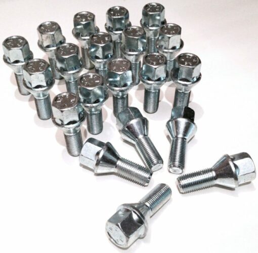 Set of 20 17mm Hex, taper seat, 27mm thread, M12x1.5 alloy wheel bolts