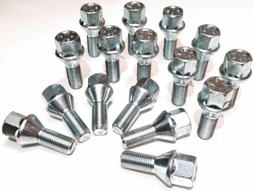 set of 16 M12x1.25, 26mm Thread, 17mm Hex, taper alloy wheel bolts