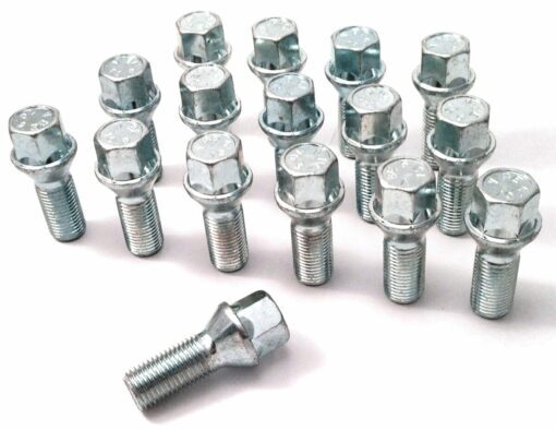 M14x1.5, 28mm thread, taper, 17mm hex alloy wheel bolts x 16