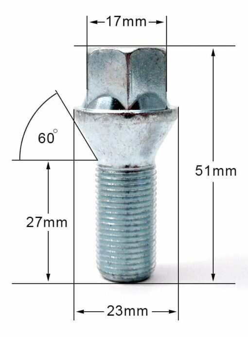 specs 17mm Hex, taper seat, M14x1.25 thread, 27mm length alloy wheel bolt