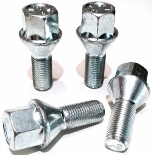 Set of 4 17mm hex, taper seat, 27mm thread, M12x1.5 alloy wheel bolts