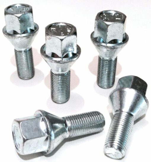 Set of 5 17mm hex, taper seat, 27mm thread, M12x1.5 alloy wheel bolts