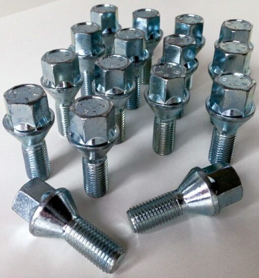 set of 16 alloy wheel bolts, M12x1.5, 26mm thread length, 17mm hex, taper seat.