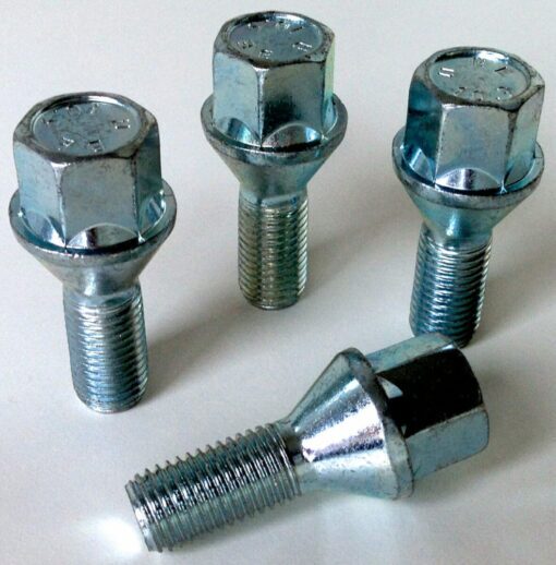 4 x alloy wheel bolts. M12x1.5, 27mm thread, 17mm hex, taper seat