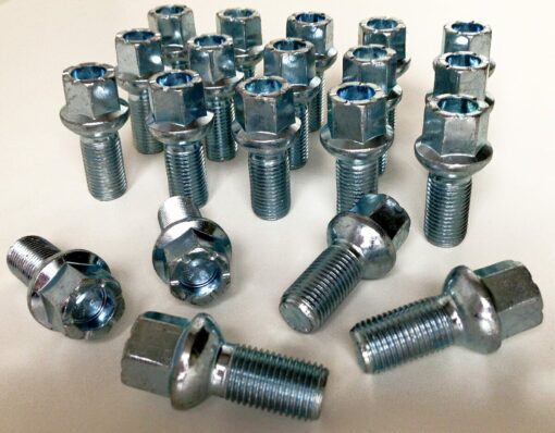 Set of 20 17mm hex, radius, m14x1.5, 27mm thread alloy wheel bolts