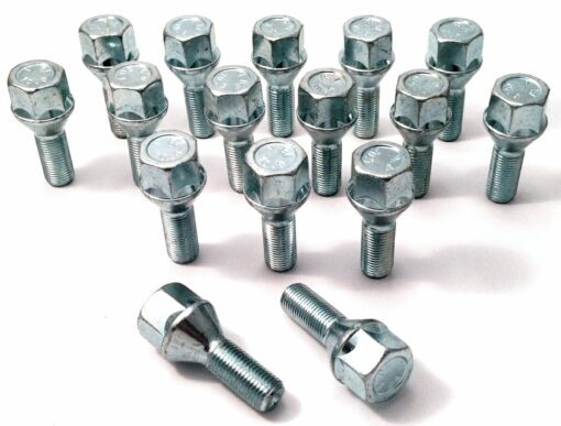 set of 16 M12x1.25, 28mm thread, 19mm hex, taper alloy wheel bolts