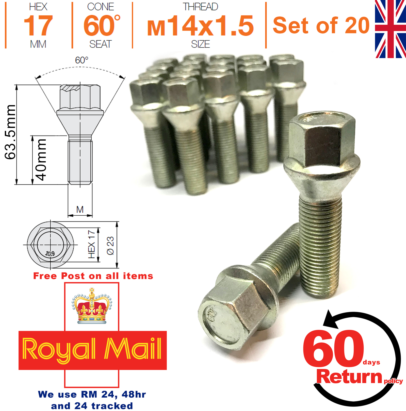 Car Alloy Wheel bolts M14x1.5 40mm extended Thread taper for Mercedes x