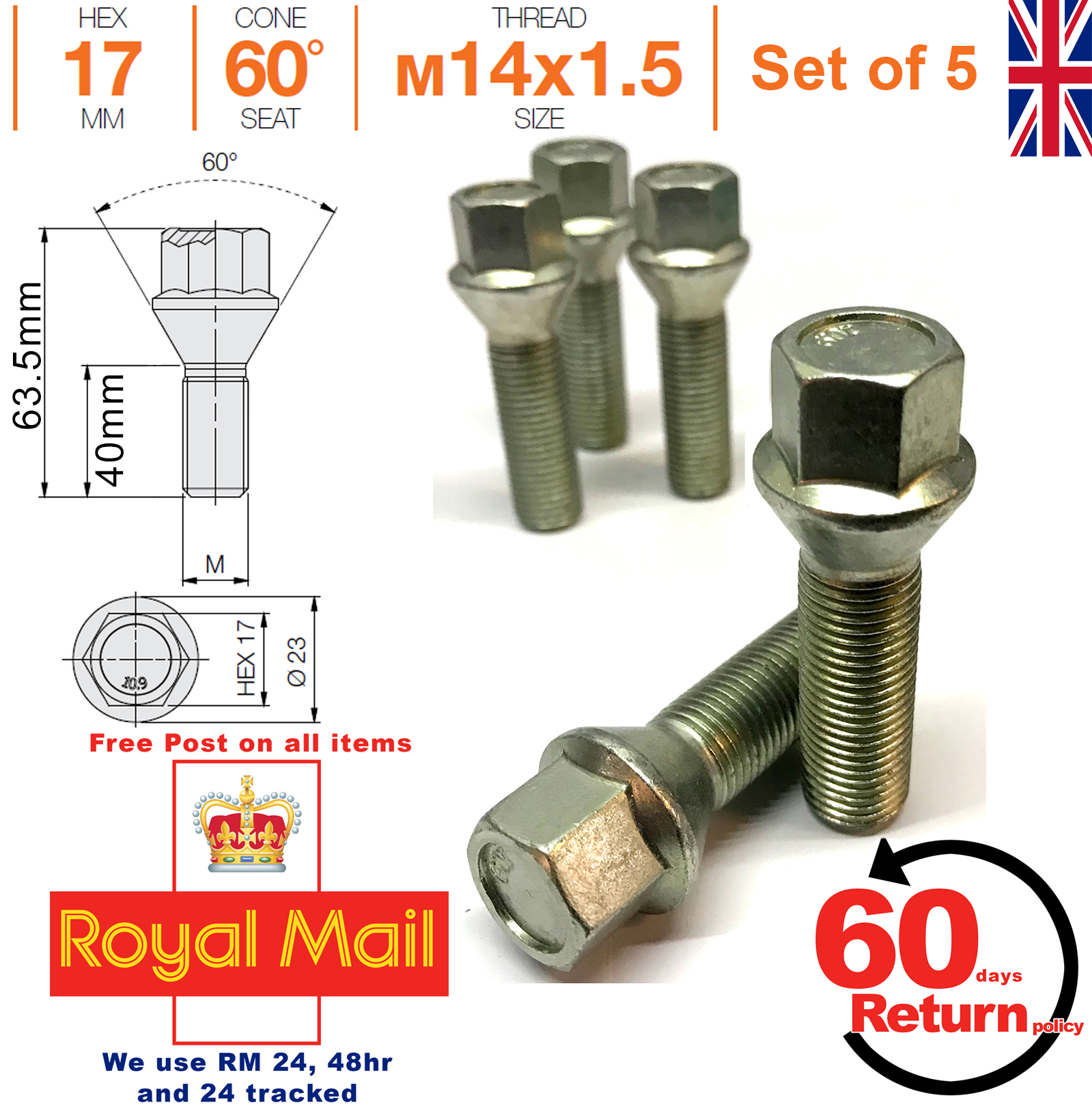 10x Aleación Rueda Extendida Tornillos más largos M14x1.5 VW 40 mm longitud de la rosca