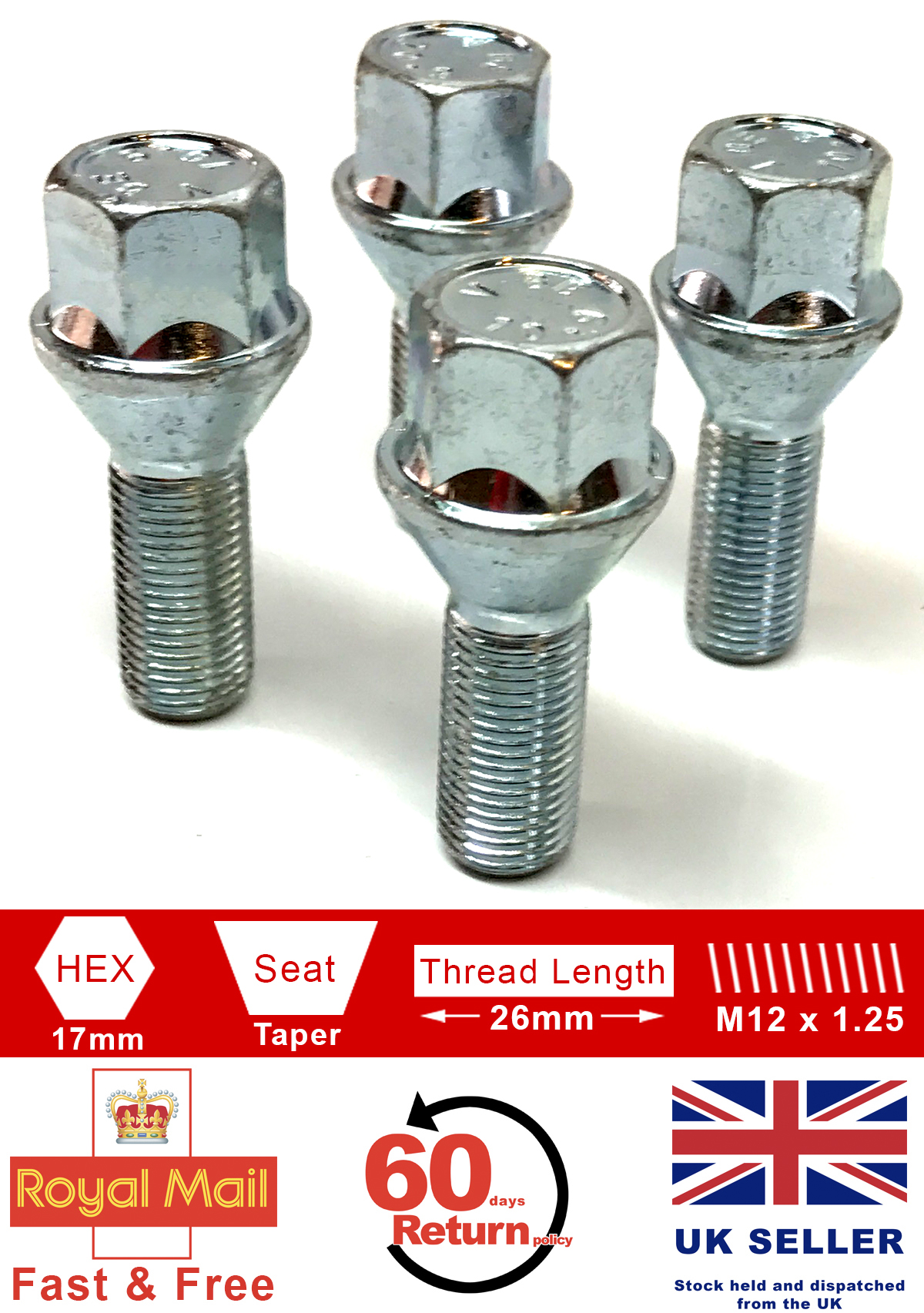 Set of 5 wheel bolts M12 x 1.25 17mm hex 26mm thread length Alloy wheel bolts Zinc plated M12x1.25 Taper seat
