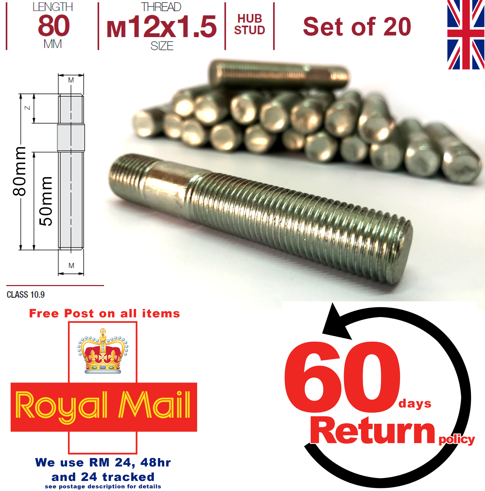 Tornillo De Rueda Pernos De Conversión Opel-en Hub Conjunto de 20 M12 X 1.5 80mm largo