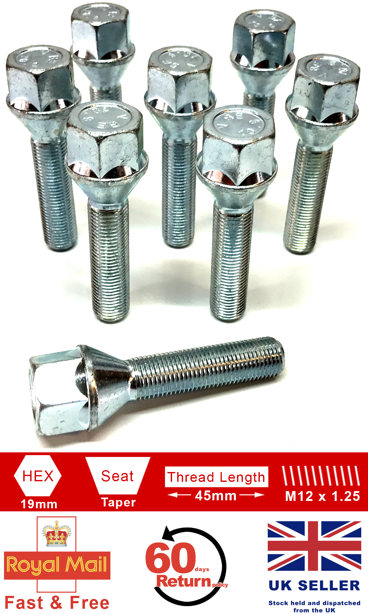 4 X Rueda de la aleación Pernos M12 X 1,5 Forma Cónica De 19mm Hex 26 mm de longitud del hilo