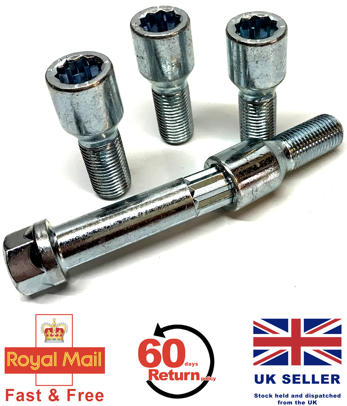4 x Alloy wheel bolts lugs nuts. M12 x 1.5 Radius Seat 40mm Thread