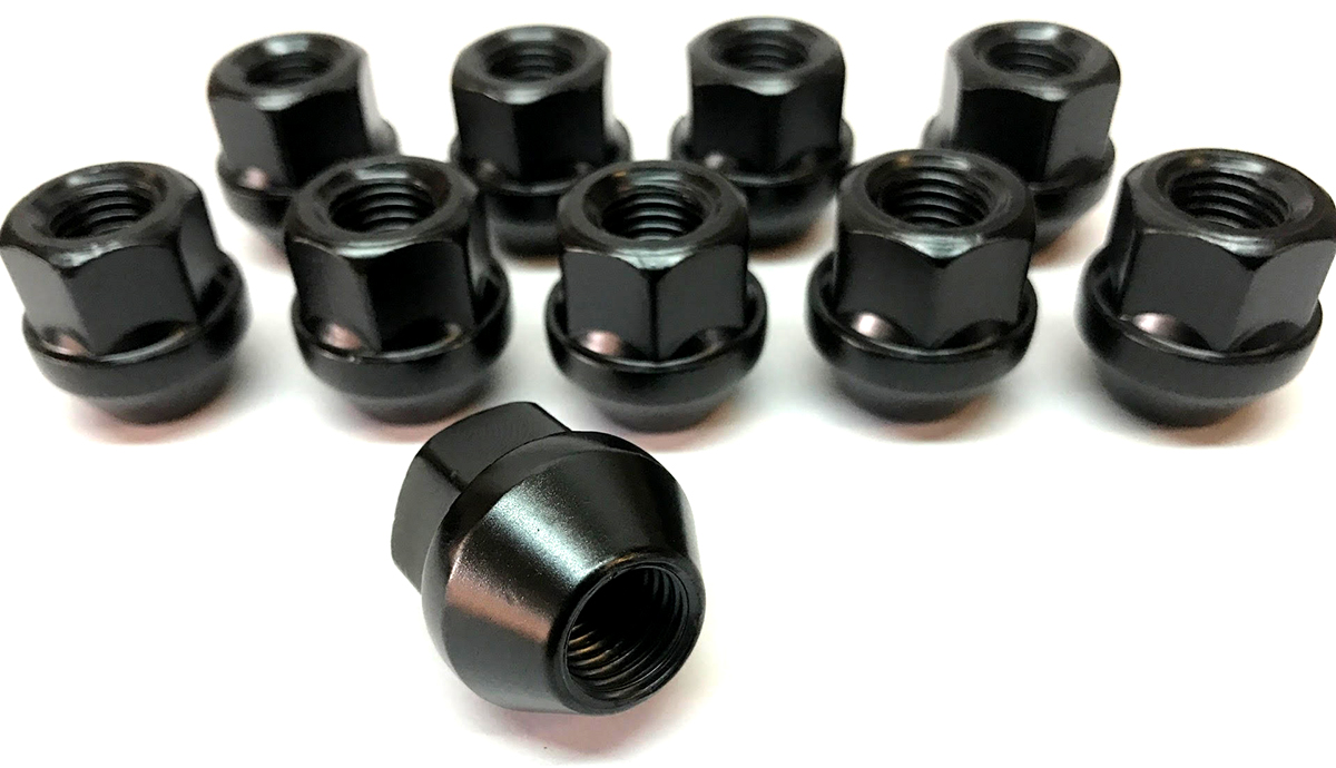 alloy wheel open end Black nuts lugs bolts. M12 x 1.5 19mm Hex Tapered