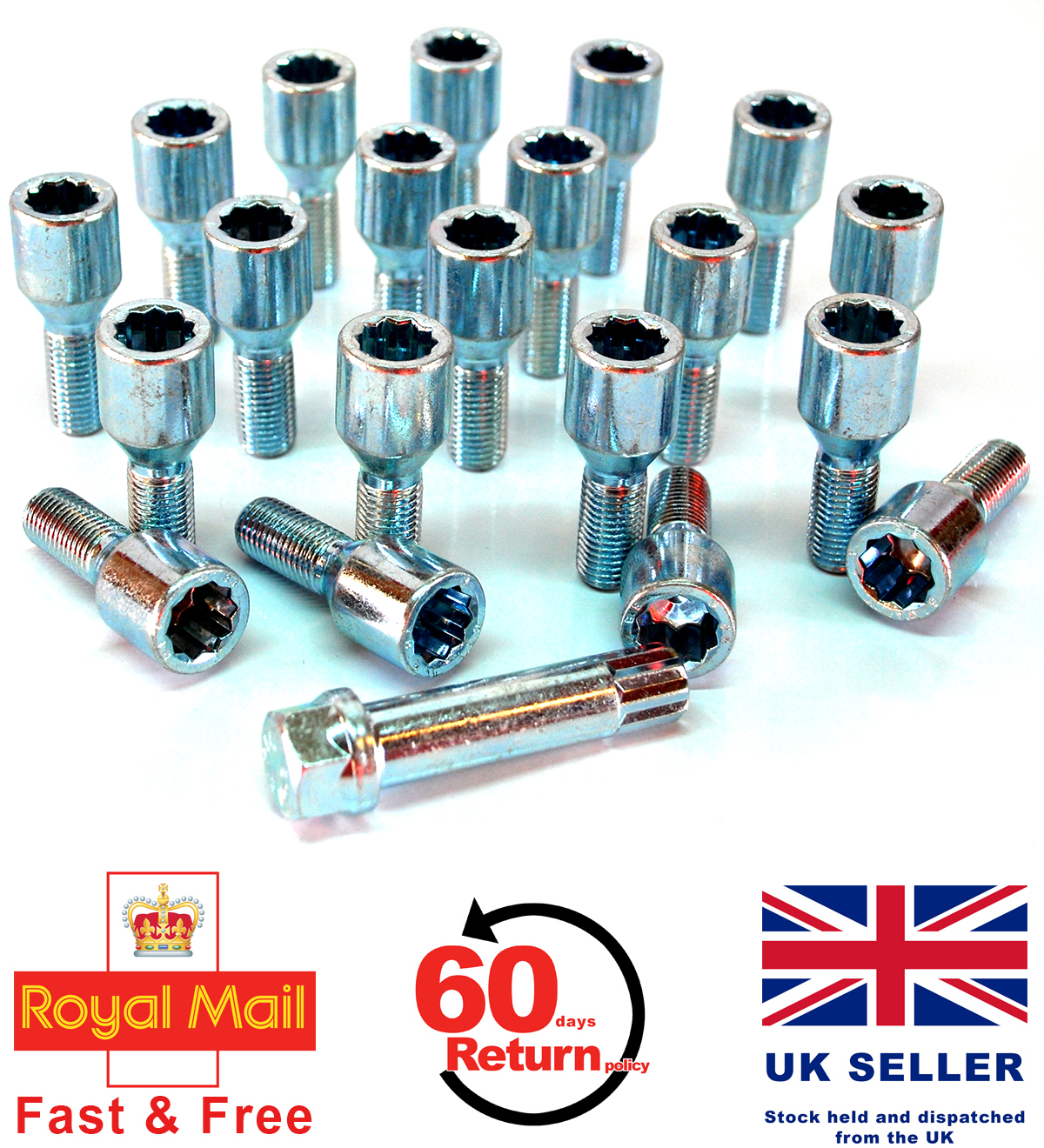 20 x Tuner slim fit wheel bolts nuts with star key, M12 x 1.25 28mm